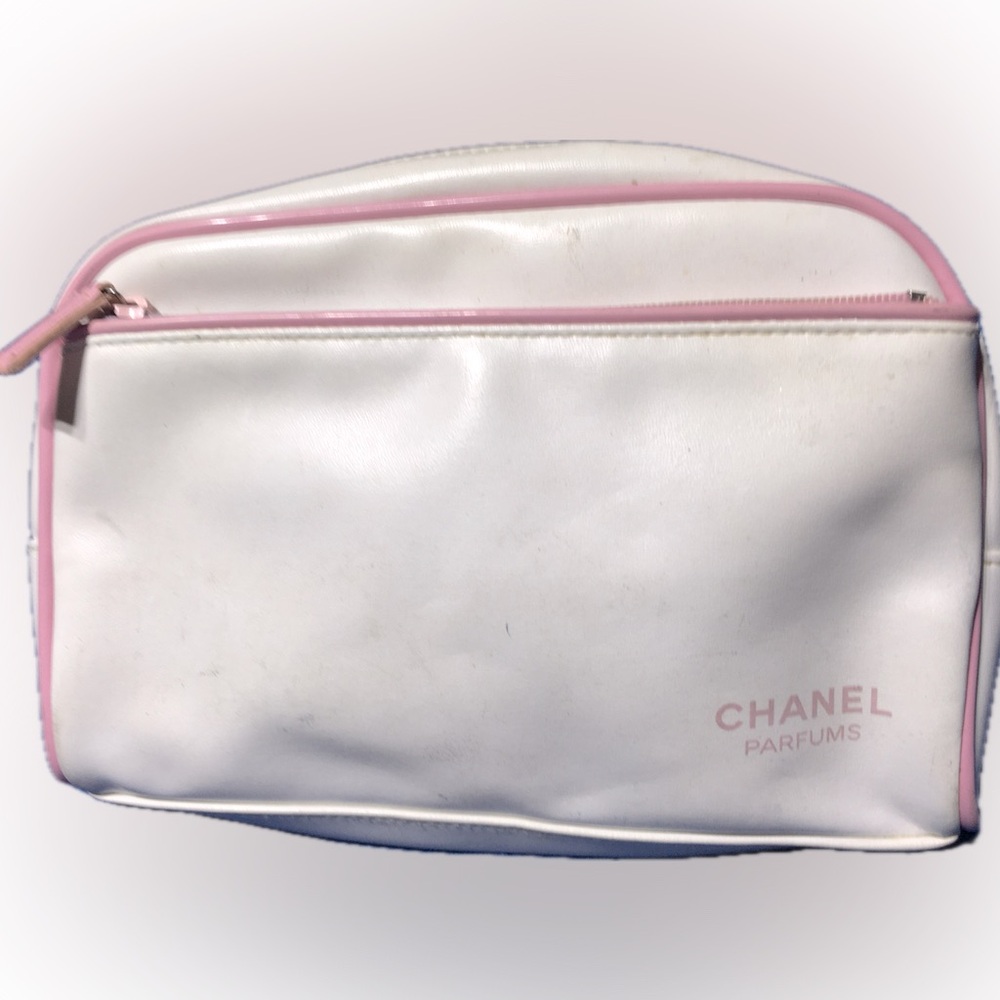 CHANEL Parfum Zipper Cosmetic Pouch White Pink Makeup Case